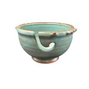 Yarn Bowl Needle Holder Studio Art Pottery Round Green Brown Speckle Stoneware